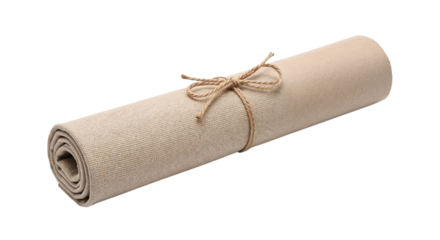 Rolled beige napkin tied with twine on white background, concept of napkin tie isolated  