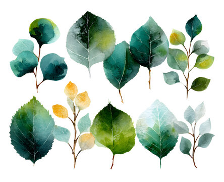 Set of watercolor green leaves elements. Collection of botanical isolated on white background suitable for wedding invitation, save the date, thank you, for greeting card. Delicate decorative branches