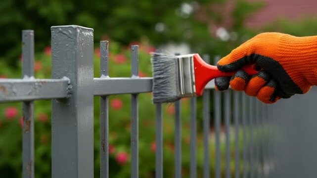 Painting a metal fence with gray paint brush protection for home improvement