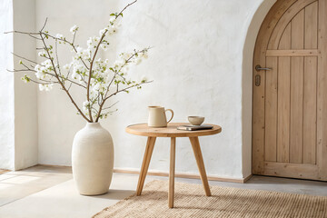 White blossoms in vase on wooden table in minimalist room