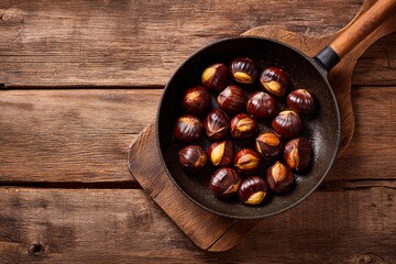 A skillet filled with roasted chestnuts sits on a wooden surface, highlighting their glossy brown shells and golden insides, ideal for a cozy autumn snack