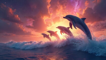 Fototapeta premium Dreamy artwork dolphins leaping from ocean waves against sunset background. Fantasy marine scene with sea creatures. Magical ocean life. Sky with vibrant colors. Celestial bodies galaxy cosmos.