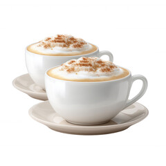 Two cups of creamy cappuccino topped with foam and cinnamon, placed on saucers. Perfect for cozy coffee moments.