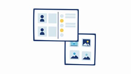 Two overlaying interfaces displaying user profiles and image thumbnails in a digital presentation