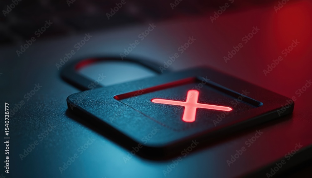 Poster Glowing red X symbol inside padlock on black surface. Failed login alert. Represents security breach error. Concept of data protection, cyber crime, online safety.