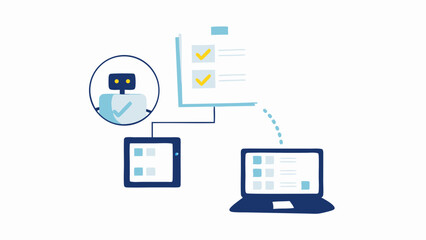 Illustration of a robot connected to a tablet and a laptop with a checklist in the background