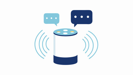 Illustration of a smart speaker with speech bubbles and sound waves emanating from the device shown isolated
