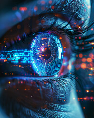 Futuristic eye digital technology glowing iris close up vibrant colors