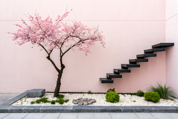 Pink blossom tree and modern black staircase minimalist garden design