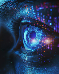 A digital eye glowing with vibrant blue light data streams and colorful particles surrounding it