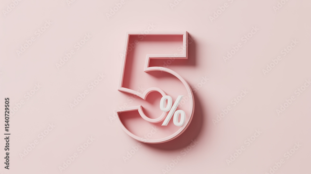 Fototapete a 3d rendered number 5 in a soft pink color with a white percentage symbol (%) inside it