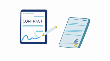 Illustration of a contract being signed with a pen next to another signed contract document layout