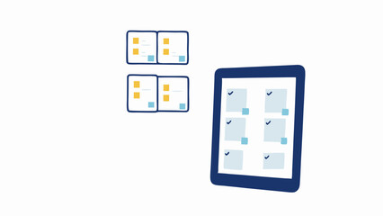 Illustration showing a tablet with checkmarks and sticky notes along with physical sticky notes in background