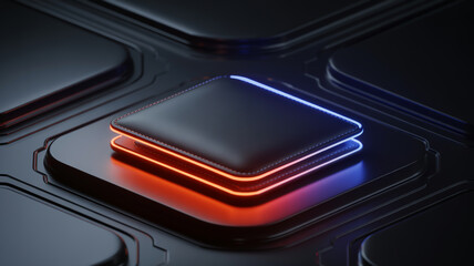 A 3D rendering of a leather wallet with a neon glow effect against a dark background.
