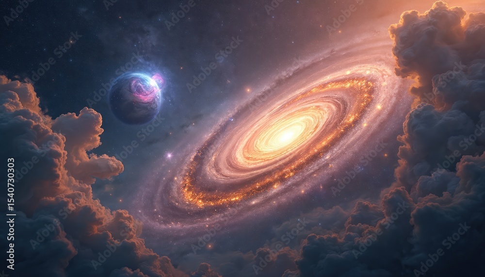 Poster spectacular view swirling galaxy in space. cosmic background with star and nebulae. illustration wit