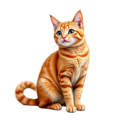 Adorable Orange Tabby Cat with Striking Green Eyes Sitting Gracefully on a White Background