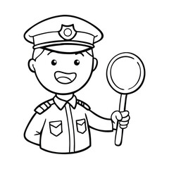 A black and white line art illustration of a cartoon police officer cheerfully directing traffic. 