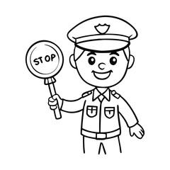 A black and white line art illustration of a cartoon police officer cheerfully directing traffic. 