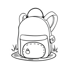 A black and white line art illustration of backpack.
