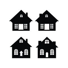A black and white vector illustration of four distinct house silhouettes.