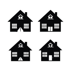 A black and white vector illustration of four distinct house silhouettes.