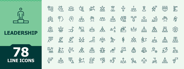 Leadership icon collection. Minimalist icons collection. Editable stroke. Vector illustration. Guidance icon set. Pack of work, leader, strategy, management, team, collaboration and more.