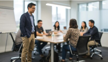 Blurry business meeting in a modern office, people seated around a table, engaged in discussion, with one person standing