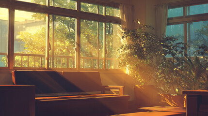 Golden sunlight streaming throw clear window,  Japanese anime style
