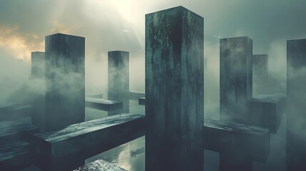 Misty, architectural structures in a surreal landscape.