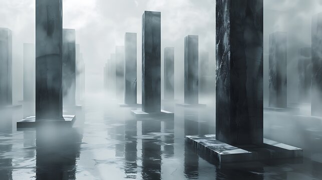 Dark, rectangular structures in a foggy, reflective landscape.