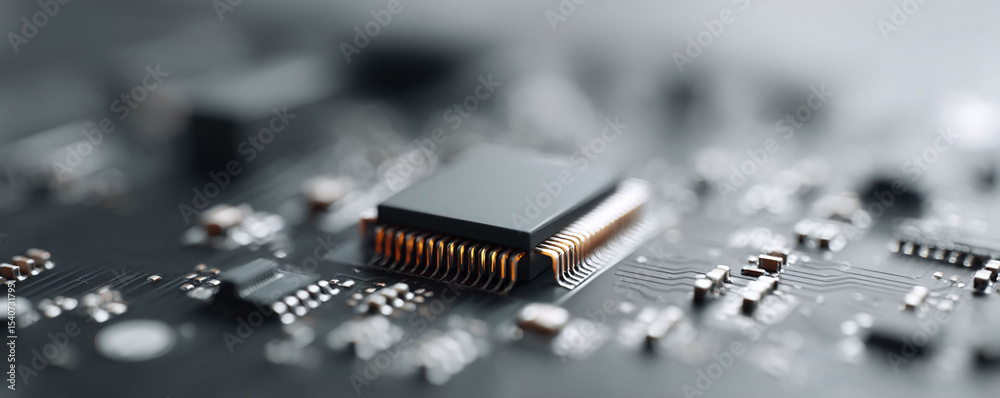 Poster macro shot of a computer chip on a circuit board. emphasizes technology, innovation, and intricate d