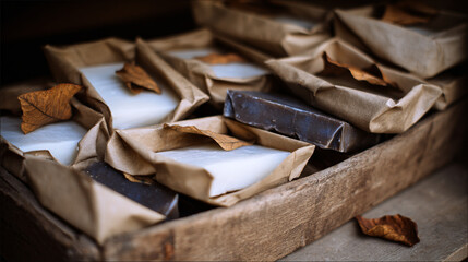 Flat-lay and lifestyle images of biodegradable packaging, paper bags, reusable containers, and organic product branding.