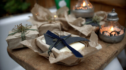 Flat-lay and lifestyle images of biodegradable packaging, paper bags, reusable containers, and organic product branding.