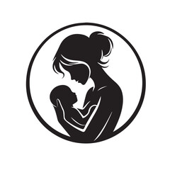 Silhouette of Mom Hugging Infant | Clean Black and White Motherhood Design