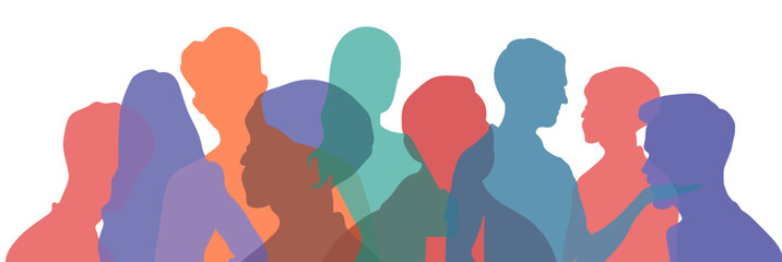 Abstract illustration of diverse human silhouettes overlapping in vibrant colors, symbolizing community, diversity, and unity. Ideal for inclusion and teamwork themes.