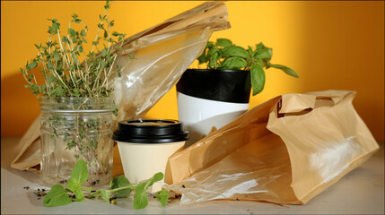 Flat-lay and lifestyle images of biodegradable packaging, paper bags, reusable containers, and organic product branding.