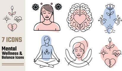Seven mental wellness and balance icons set isolated on white background