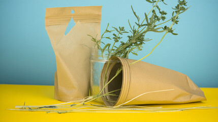 Flat-lay and lifestyle images of biodegradable packaging, paper bags, reusable containers, and organic product branding.