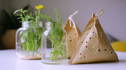 Flat-lay and lifestyle images of biodegradable packaging, paper bags, reusable containers, and organic product branding.