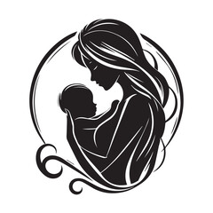 Silhouette of Mom Hugging Infant | Clean Black and White Motherhood Design