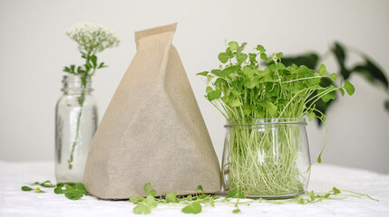 Flat-lay and lifestyle images of biodegradable packaging, paper bags, reusable containers, and organic product branding.
