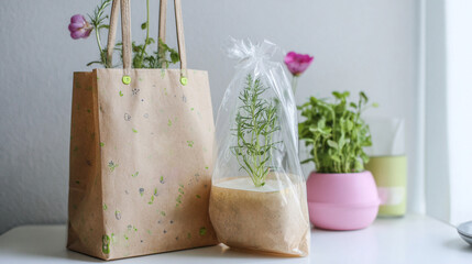 Flat-lay and lifestyle images of biodegradable packaging, paper bags, reusable containers, and organic product branding.