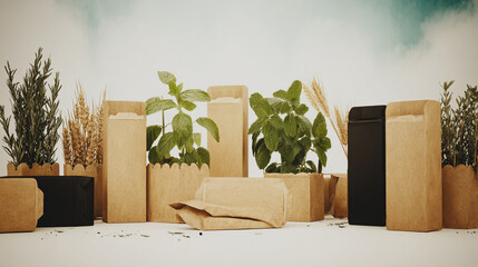 Flat-lay and lifestyle images of biodegradable packaging, paper bags, reusable containers, and organic product branding.