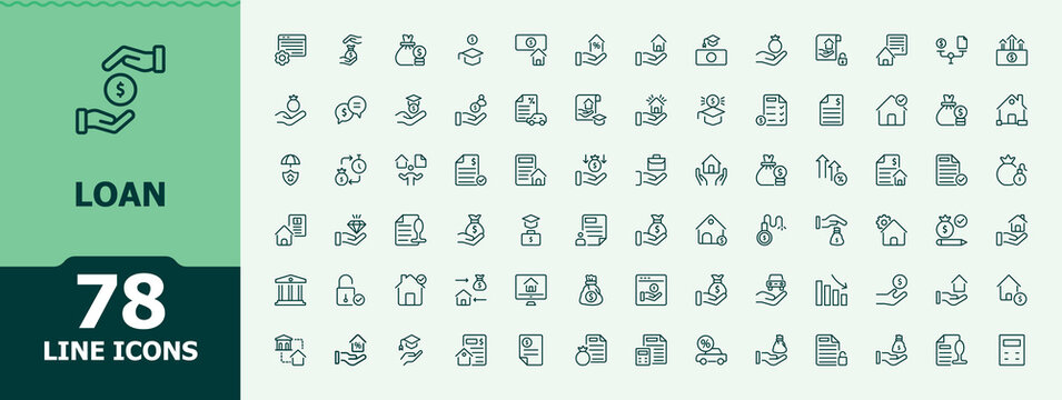 Loan icon set. Minimal icons set. Pixel perfect. Editable stroke. Financial icon set. Contains such icons as finance, financial, bank, credit, pay, payment and more.