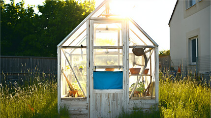 A set of high-quality greenhouse images featuring traditional farming methods. These scenes include lush green vegetables, thriving tomato plants, and cozy backyard greenhouses.