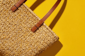 Close-up of Woven Straw Beach Bag with Leather Straps on Yellow Background