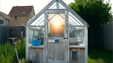 A set of high-quality greenhouse images featuring traditional farming methods. These scenes include lush green vegetables, thriving tomato plants, and cozy backyard greenhouses.