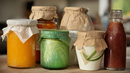 Glass jars filled with homemade jams, pickles, and preserved vegetables.