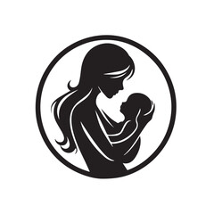 A high-contrast black silhouette of a mother lovingly holding her baby, designed in a clean circular frame. Minimalist and emotional vector style, perfect for Mother's Day cards, maternity concepts, 