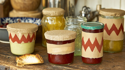 Glass jars filled with homemade jams, pickles, and preserved vegetables.